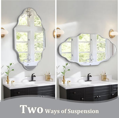 Scalloped Mirror for Bathroom - 20"x36" Silver Bathroom Mirror with Aviation Aluminum Alloy Frame & Shatter-Proof Glass for Living Room Bedroom Entryway, Brushed Silver Frame