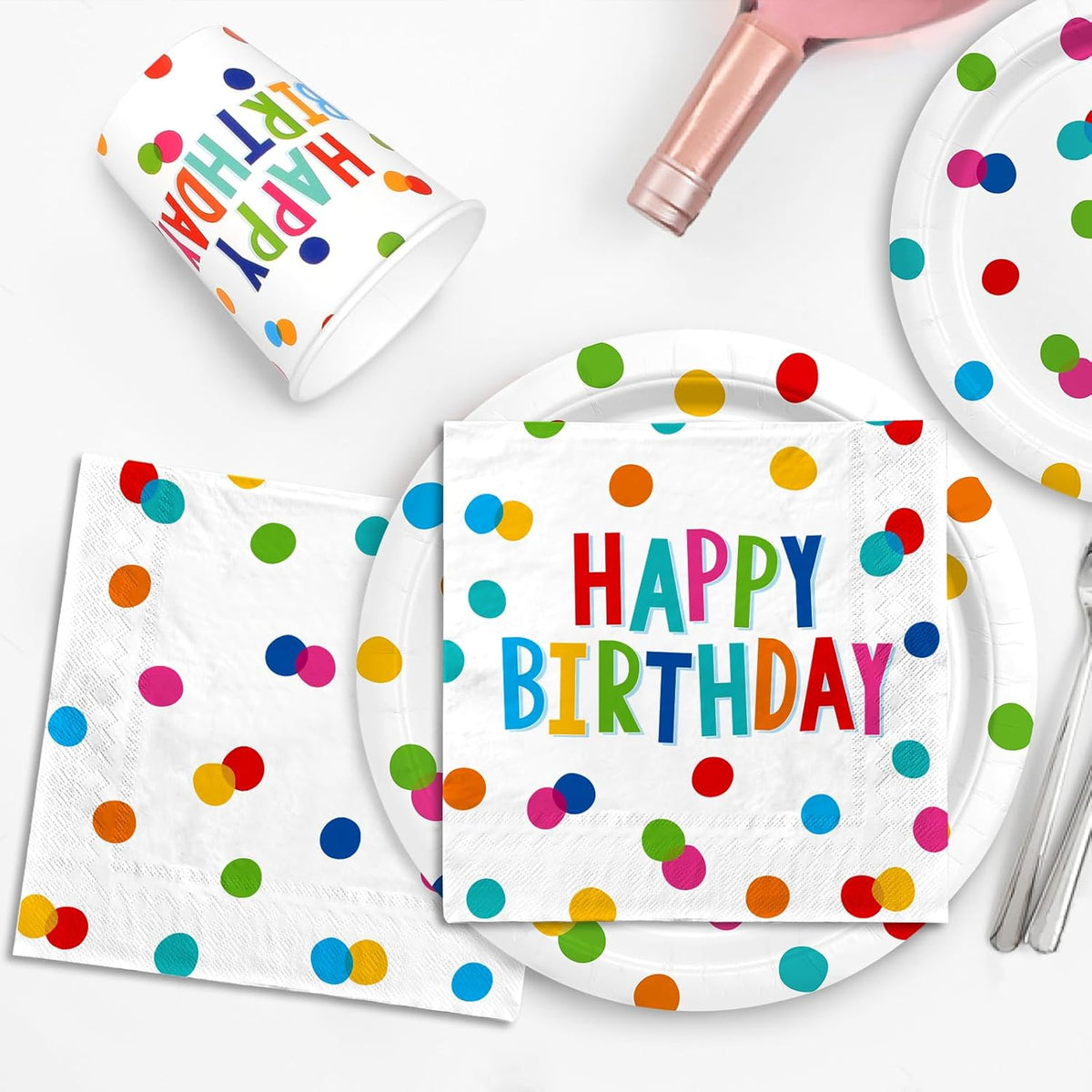 Happy Birthday Decorations: Happy Birthday Party Supplies Set with Birthday Dots Design- Includes Disposable Paper Birthday Plates and Napkins, Cups, Tablecloth, and Banner for decorations, Serves 25.