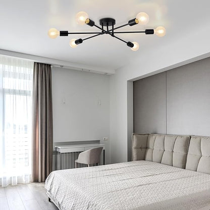 6-Light Sputnik Chandeliers, Black Modern Semi Flush Mount Ceiling Light with E26 Base, Mid Century Industrial Vintage Kitchen Farmhouse Light Fixtures for Dining Room Bedroom Living Room