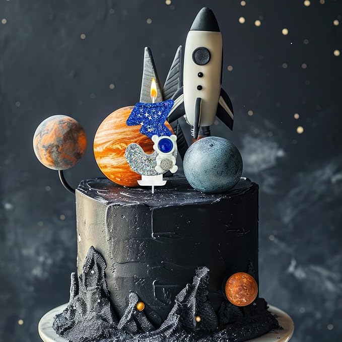HXOUSE Astronaut 3rd Birthday Candle - Space Universe Sparkler 3 Candle for Birthday Cake Boy, Topper for Party Decorations Anniversary Celebrations (Number 3)