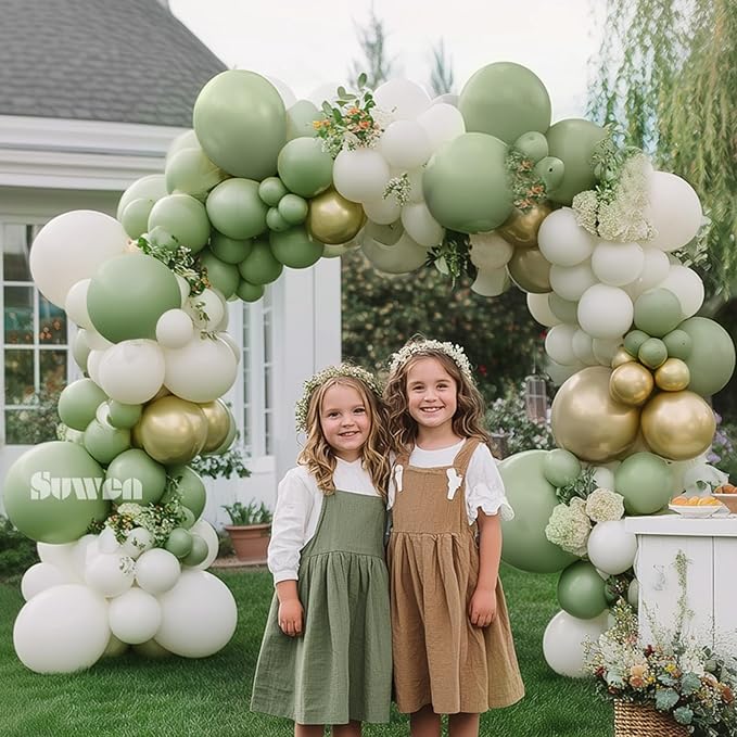 SUWEN Sage Green Balloons Arch Kit Garland 153Pcs Different Sizes of 18 10 5 Inch Latex Sage Olive Green Gold White Balloon Arch Kit Birthday Decorations for Gender Reveal Wedding Party