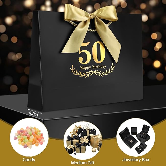 JMANNI Black Gold 50th Birthday Gift Bag with Card and Tissue Paper, 12.6"×9.84"×3.9" Elegant Present Bag for Men Women, 50 Year Old Birthday Keepsake Party Supplies