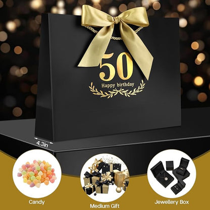 JMANNI Black Gold 50th Birthday Gift Bag with Card and Tissue Paper, 12.6"×9.84"×3.9" Elegant Present Bag for Men Women, 50 Year Old Birthday Keepsake Party Supplies