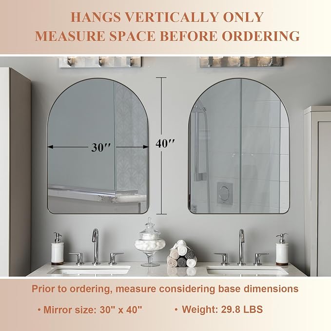 ANDY STAR 30 x 40 Inch Arched Mirror, Bathroom Mirror in Stainless Steel Metal Frame, Arch Top Rounded Corner Set Design Wall Mount Hangs Vertical