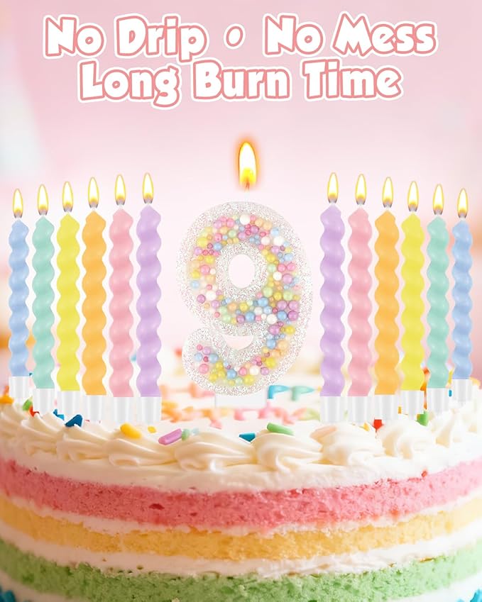 Birthday Candles for Cake, Pink Number Candles, Cake Candles with Greeting Card for Birthday Party Wedding Anniversary Celebrations（9 Candle,White Number Macaron）