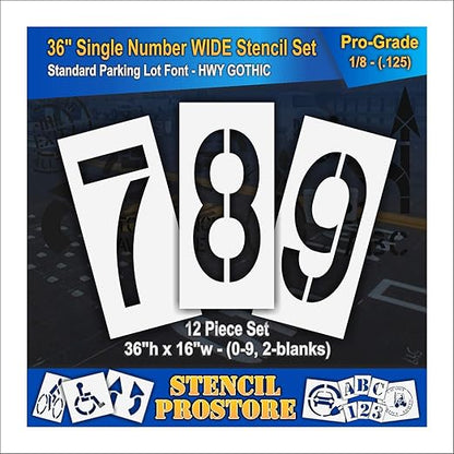 Pavement Stencils - 36 inch Number Stencil (Wide) Set (12 Pieces) -0-9 - 36" x 16" x 1/8" (128 mil) - Pro-Grade