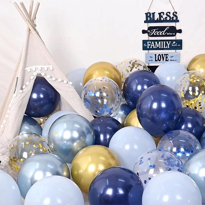 Navy Blue and Metallic Gold Balloons,65pcs 12 inch Metallic Blue Light Blue Balloon and Blue Gold Confetti Balloons for Birthday Graduation Wedding Bridal Shower Baby Shower New Year Party Decoration