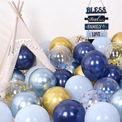 Navy Blue and Metallic Gold Balloons,65pcs 12 inch Metallic Blue Light Blue Balloon and Blue Gold Confetti Balloons for Birthday Graduation Wedding Bridal Shower Baby Shower New Year Party Decoration