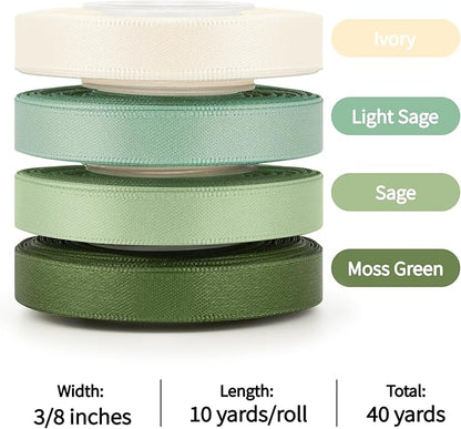 Mauproy 3/8 Inch Sage Green Satin Ribbon, 4 Rolls Total 40 Yards, Double Faced Mixed Green Thin Ribbon for Gift Wrapping, Flower Bouquets, Crafts, Wedding Decorations