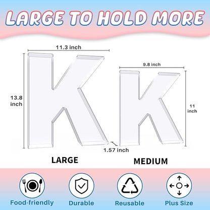 13.8" Extra Large Acrylic Letter Charcuterie Board Box, Reusable Fillable Letter Cake Candy Dish Display Serving Tray for Birthday Anniversary Party Decoration (K)