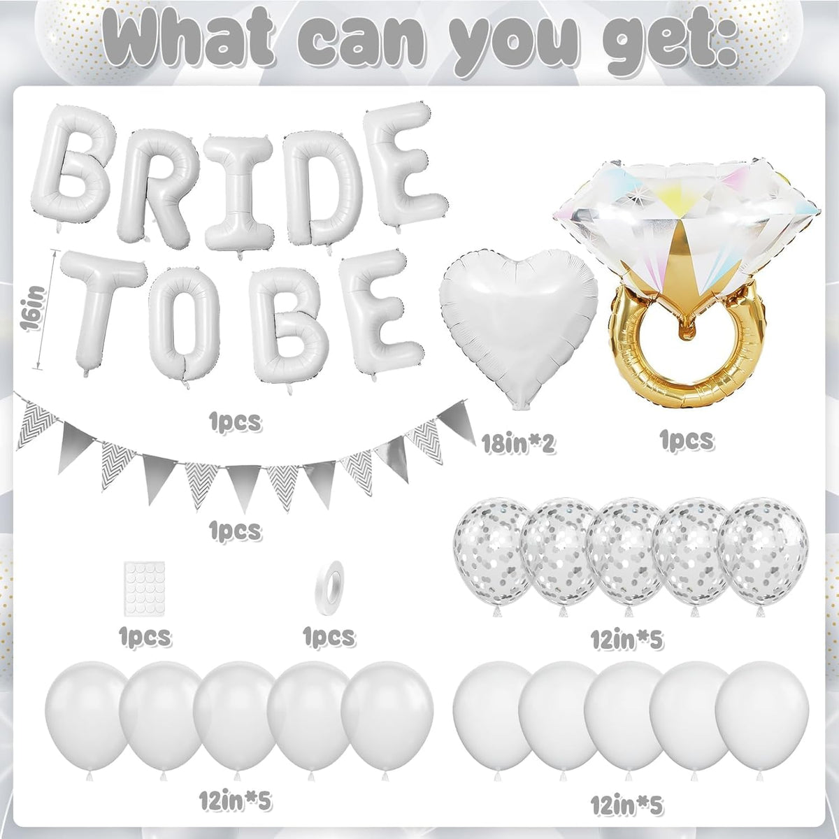 White Bachelorette Party Decorations, White Bride To Be Bridal Shower Balloons Decorations, Silver Confetti Balloon with Diamond Ring Heart Balloon for Bachelorette Engagement Wedding