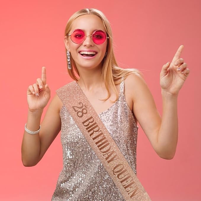 28 Birthday Queen 28th Birthday Sash for Women, Rose Gold Glitter Sash with Foil