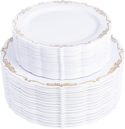 U-QE 100PCS Gold Plastic Disposable Plates - Heavy Duty White and Gold Plates Including 50PCS 10'' Dinner & 50PCS 7.5'' Dessert Plates Perfect for Upscale Party, Wedding