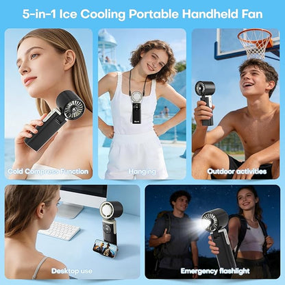 6000mAh Portable Handheld Fan with Ice Cooling, 199 Levels Stepless Speed, 20H Long Battery Life, 20000RPM Turbo Fan Rechargeable Personal Mini Fan for Travel, Outdoor, Makeup (Black)