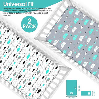 BROLEX Baby Fitted Crib Sheets: Kid Crib Sheets - Set of 2 for Toddler Standard Size Crib Mattress for Boys and Girls - Jersey Knit Crib Bed Sheets Elephant Whale