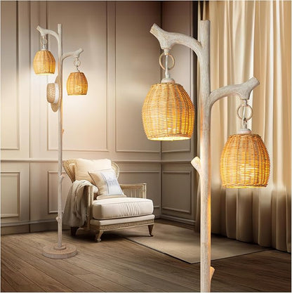 Scenekoy 68" High Farmhouse Rustic Country Cottage Floor Lamp Tree Trunk Faux Wood Column White Washed Wicker Drum Shade Decor for Living Room Bedroom Reading Room