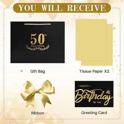 JMANNI Black Gold 50th Birthday Gift Bag with Card and Tissue Paper, 12.6"×9.84"×3.9" Elegant Present Bag for Men Women, 50 Year Old Birthday Keepsake Party Supplies