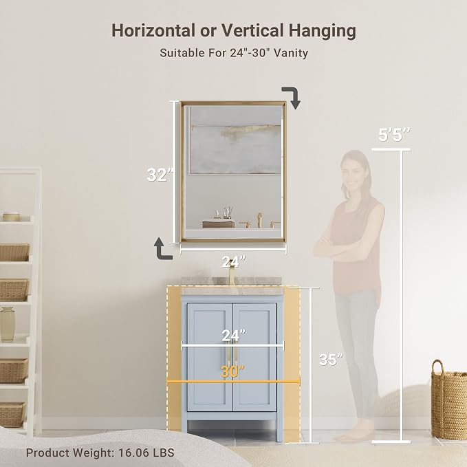 Gold Bathroom Mirror, 24x32 Brushed Gold Bathroom Mirror Beveled Edge, Gold Framed Rectangle Bathroom Vanity Mirror, Anti-Rust Brushed Brass Metal Frame Wall Mirror Vertical/Horizontal