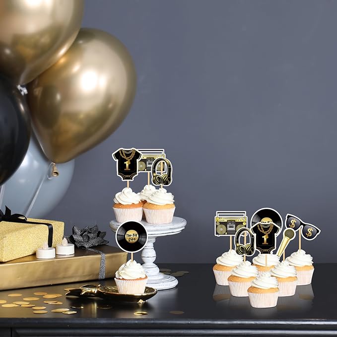 Notorious One 48 Pcs Gold Cake Toppers, Hip Hop Party Decorations for 1st Birthday Party, Premium Quality Reusable Paper Cupcake Toppers