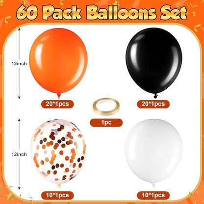 Sratte 60 Pcs 12 Inch Black Orange White Balloons Kit Halloween Decorations Confetti Latex Metallic Balloons with 2 Rolls Ribbon Party Favor for Memorial Day, Birthdays