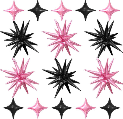 Black and Pink Star Balloon,6Pcs 22Inch Explosion Star Balloons and 10Pcs 10Inch Four Angle Balloons Kit for Birthday Anniversary Baby Shower Wedding Party Decorations