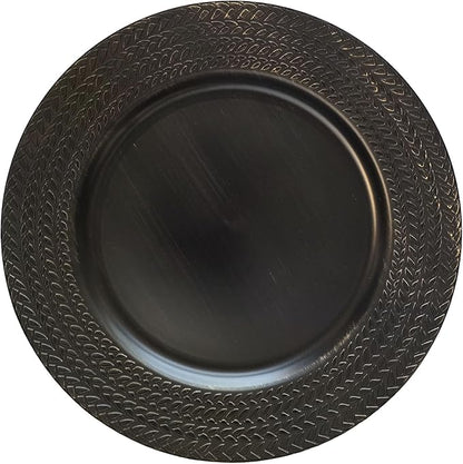 13" Antique Black Leaf Trim Round Charger Plates for Dinner, Table Chargers Plates Bulk, 6Pcs