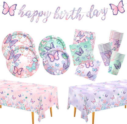 Butterfly Birthday Party Supplies Set - Includes Disposable Plates, Cups, Napkins, Tablecloth, and Banner | Butterfly Party Decorations for Girls Birthday Celebration,Serve 24