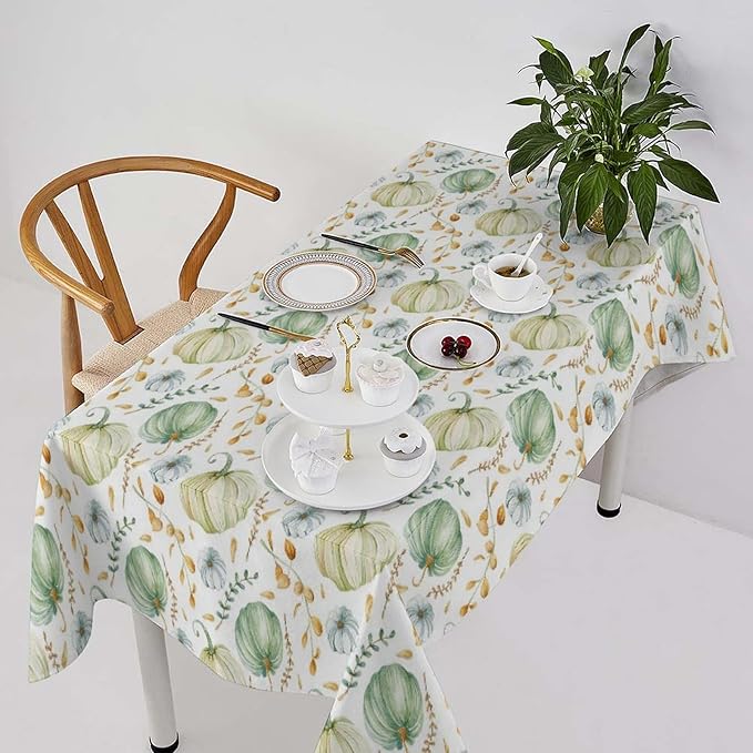 YCness Fall Tablecloth, Thanksgiving Autumn Harvest Watercolor Blue Green Pumpkin Orange Leaf Table Cover for Party Picnic Dinner 60x110 Inch Rectangle