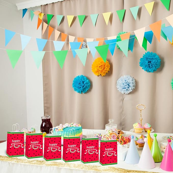 gisgfim 12 Pieces Watermelon Party Favor Bags Melon Birthday Goodie Treat Paper Bags Summer Fruit Theme Party Supplies Decorations for Baby Shower Birthday Gifts