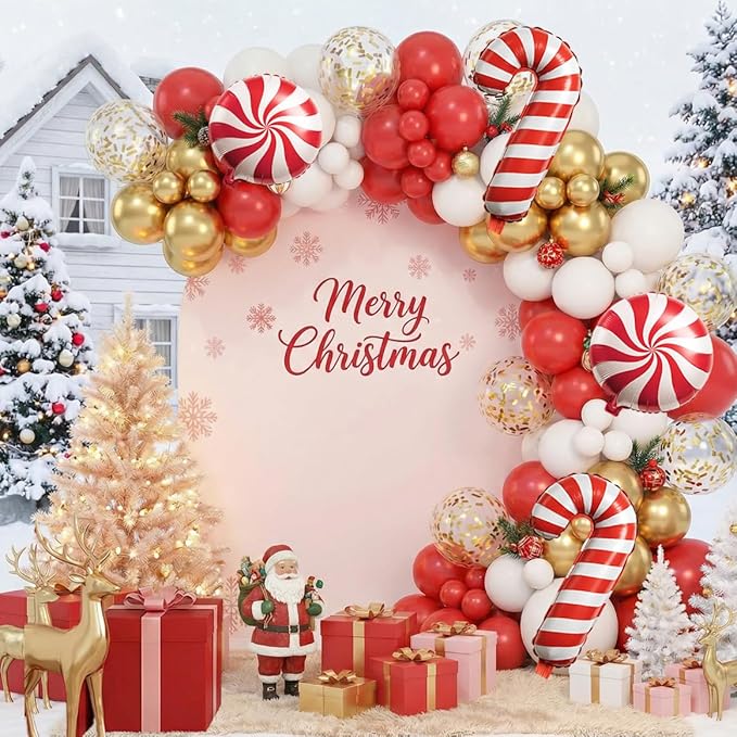 128PCS Christmas Balloon Arch Garland Kit - Red White Gold Balloons with Candy Cane Balloons for Merry Christmas Decorations, Winter Party Supplies, Xmas Balloon Arch