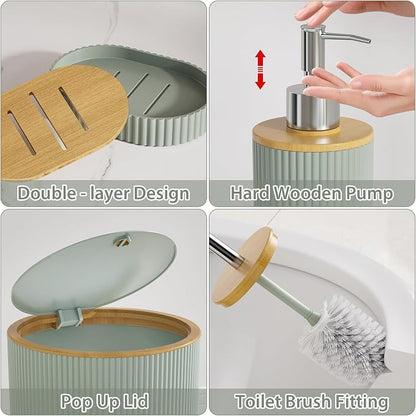 Sage Green Bathroom Accessories Set, 25 Pcs Bathroom Decor Set with Shower Curtain, Rugs, Trash Can, Soap Dispenser, Toothbrush Holder, Tumbler, Soap Dish, Storage Jars and Hooks for Guest Bath