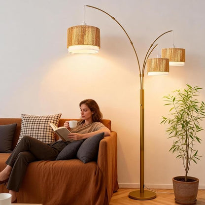 Gold Arc Floor Lamp for Living Room, Mid Century Floor Lamp with Stepless Dimmable Switch, Boho Standing Lamp with Wicker&Fabric Shade, Rattan Tall Lamp for Bedroom Over Couch Reading