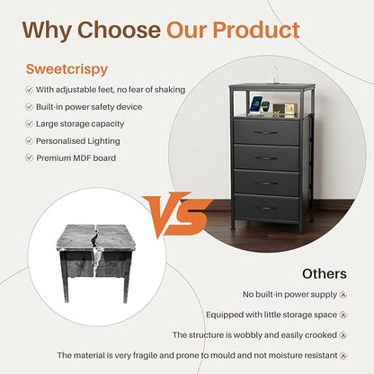 DUMOS Nightstand with Charging Station, LED Night Stand with 4 Fabric Drawers, Bedside End Table with USB/Type-C Ports and Outlets for Bedroom Furniture, Adjustable Feet, Black