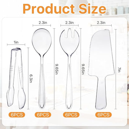 Boocalny 24 Pcs Plastic Serving Utensils, Clear Disposable Utensils,6 Pcs Each 9.7" Serving Spoons, 9.7" Forks, 6.3" Tongs and 7" Cake Cutter,Plastic Buffet Cutlery Set for Serving Food Birthday Party