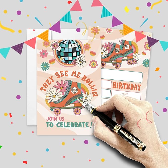 20 Sets Roller Skating Birthday Party Invitations With Envelopes,Retro 70s 80s Daisy Roller Skate Double-sided Printed Birthday Party Invitation Invite Cards for Kids Teen,Girl Birthday Party Invites