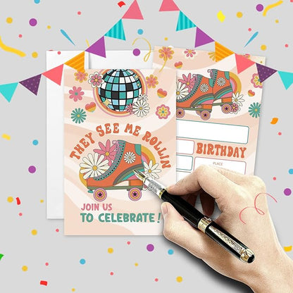20 Sets Roller Skating Birthday Party Invitations With Envelopes,Retro 70s 80s Daisy Roller Skate Double-sided Printed Birthday Party Invitation Invite Cards for Kids Teen,Girl Birthday Party Invites