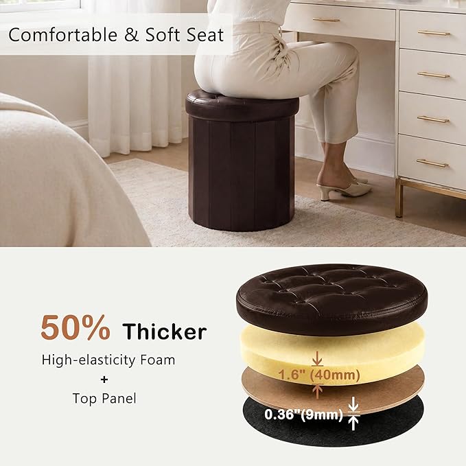 CAROLMADE Round Storage Ottoman, PU Leather Folding Footrest Stool