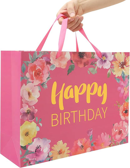 Qirrmiy 16.5'' Extra Large Happy Birthday Gift Bag Set with Handles, Greeting Card, Tissue Papers and Stickers for Women Girls, Gold Foil Happy Birthday & Floral Design, 1 Pcs
