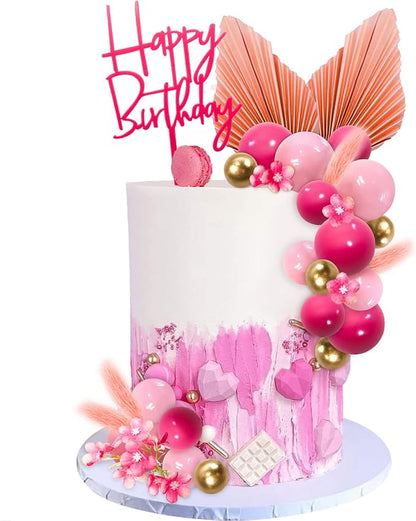 MEMOVAN Hot Pink Gold Balls Cake Toppers Flower Boho Cake Topper Balls Birthday Cake Decorations with Palm Leaves for Girl Bohemian Hot Pink Princess Theme Wedding Baby Shower Birthday Party-29PCS