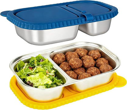 HI-REEKE 13 OZ Stainless Steel Snack Containers with Lids, 2 PCS Reusable Double Compartments Metal Snack Packs for Sauce