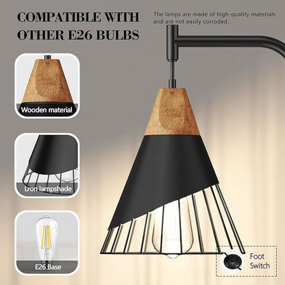 67" Industrial Floor Lamp with Wood & Black Metal Shade, Modern Standing Lamp, Rustic Farmhouse Tall Lamp for Living Room Bedroom Office, 2700K Bulb & Foot Switch Included (Black)