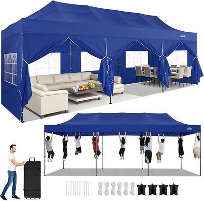 COBIZI 10x30 Heavy Duty Pop Up Canopy Tent with 8 Sidewalls Thicken Frame, Commercial Easy Up Outdoor Wedding Party Tents, All Season Waterproof Windproof with Stakes Sandbags Roller Bag, Navy Blue