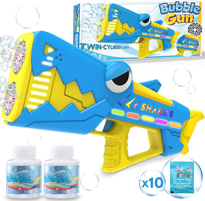 Bubble Gun for Kids Ages 4-8: Shark Light Up Bubble Machine for Toddlers, Rechargeable, 2 Bubble Solution, Outdoor Toy Party Birthday Gift for 3 4 5 6 7 8 Year Old
