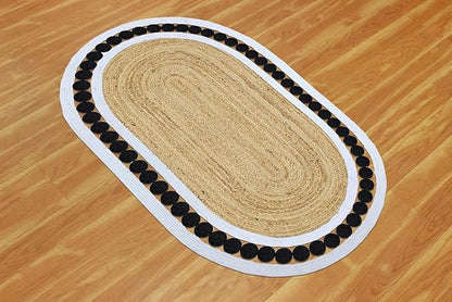 Flatweave Runner 4x20 Oval Kilim Jute Runner Hand Braided Jute Thick 0.27" Solid Pattern Black Beige Natural Oval Handmade Boho Indoor Outdoor Rugs for Hallway Enterway Stair Corridor