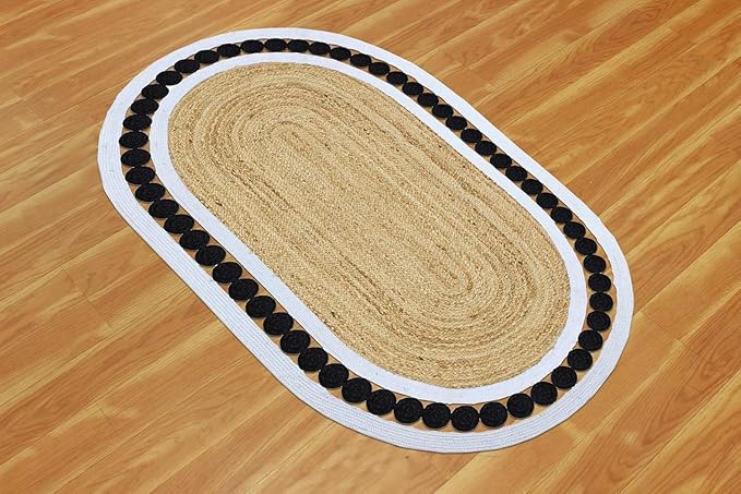 Flatweave Runner 4x15 Oval Kilim Jute Runner Hand Braided Jute Thick 0.27" Solid Pattern Black Beige Natural Oval Handmade Boho Indoor Outdoor Rugs for Hallway Enterway Corridor