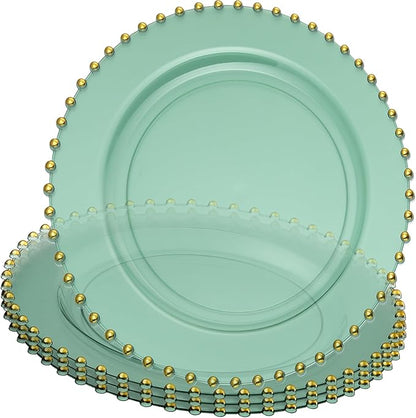 PLASTICPRO Translucent Green with Gold Rim Plastic Charger Plates with Beaded Edge – Pack of 4 – 13" Elegant Round Disposable Chargers for Weddings, Events, Parties, and Dinners