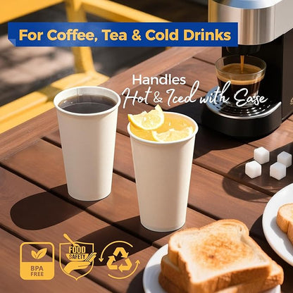 Fit Meal Prep 100 Pack 16 oz Disposable Paper Coffee Cups, Premium Hot Cups for Hot/Cold Beverage, Durable Thickened White Paper Cup Bulk for Party, Office, Bussines, Cafes, Bistros, Daily Use