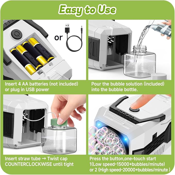 Bubble Machine for Children, Powered by USB Adapter or Battery, Suitable for Indoor & Outdoor Birthday Parties, Weddings & Outdoor Activities (2-Pack)