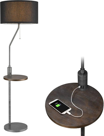 ELYONA C Shaped End Table Floor Lamp with USB A+C Charging Ports Wood Side Table Modern Reading Light Black Linen Shade Farmhouse Tall Standing Lamp for Living Room Bedroom Office LED Bulb Included