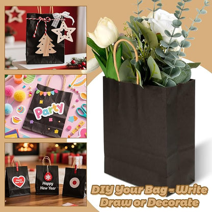 MAQIHAN Small Kraft Bags with Handles - 15 Pcs Kraft Gift Paper Bags Black Bag Gift Bag Craft Bag with Candy Birthday Party Favor Christmas Valentines Shopping Small Business